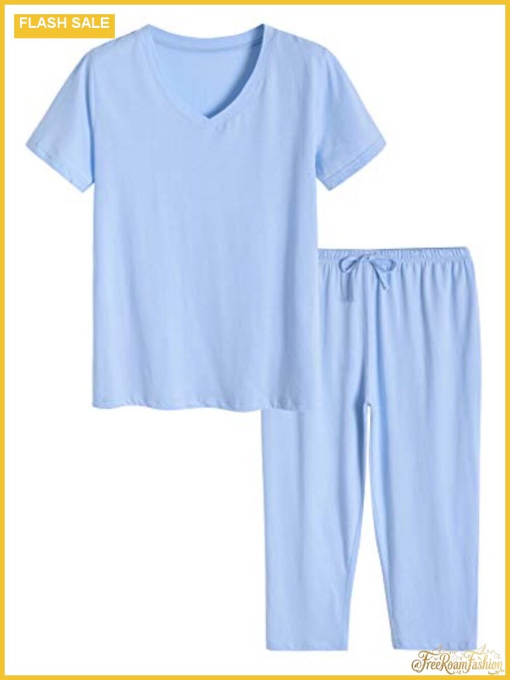 Womens Cotton Pajama Set V-Neck Tee Capri Lounge Sleepwear Plus Size